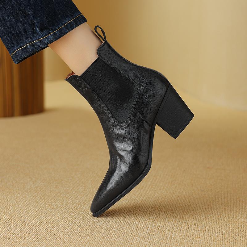 Короткие ботинки из натуральной кожи, женская обувь на осень/зиму, с острым носком и толстым каблуком для женщин, модные ретро-ботфорты ручной работы