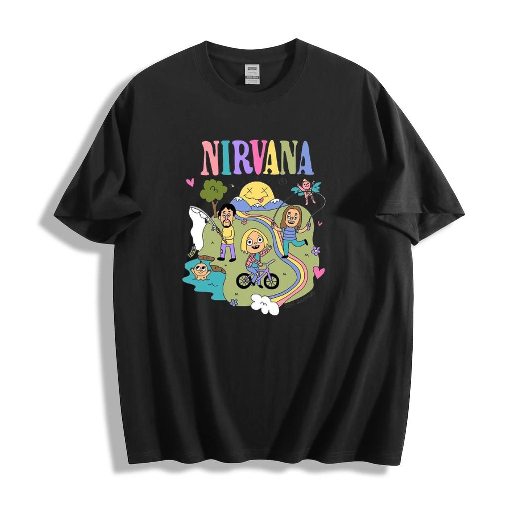 Nirvana Colorful Cartoon Scene T-Shirt - Playful Rock Design Unisex Tee