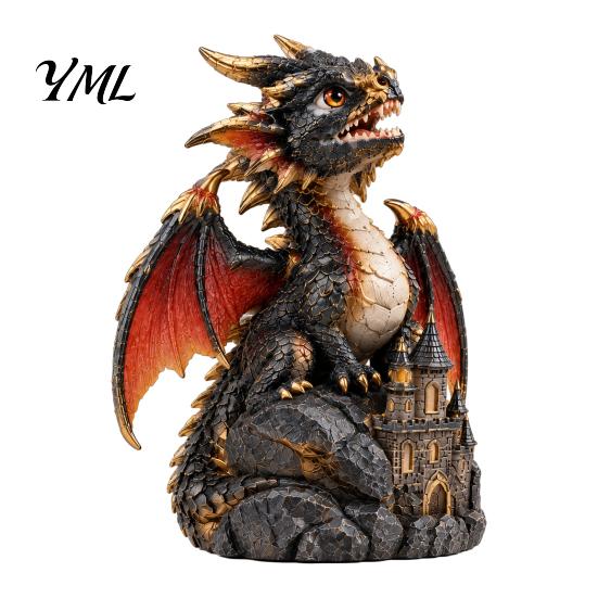 Bedroom Ornament Light Up Dragon Figurine, Resin Gothic Castle Statue, Decorative Mythical Creature Model Fantasy for Home, Office Table, Desk