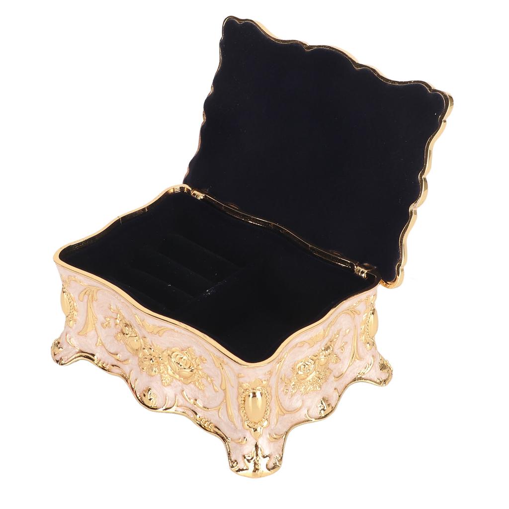 Vintage Rectangular Jewelry Box Retro Metal Antique Enamel Gold Trim Rhinestone Trinket Storage Box