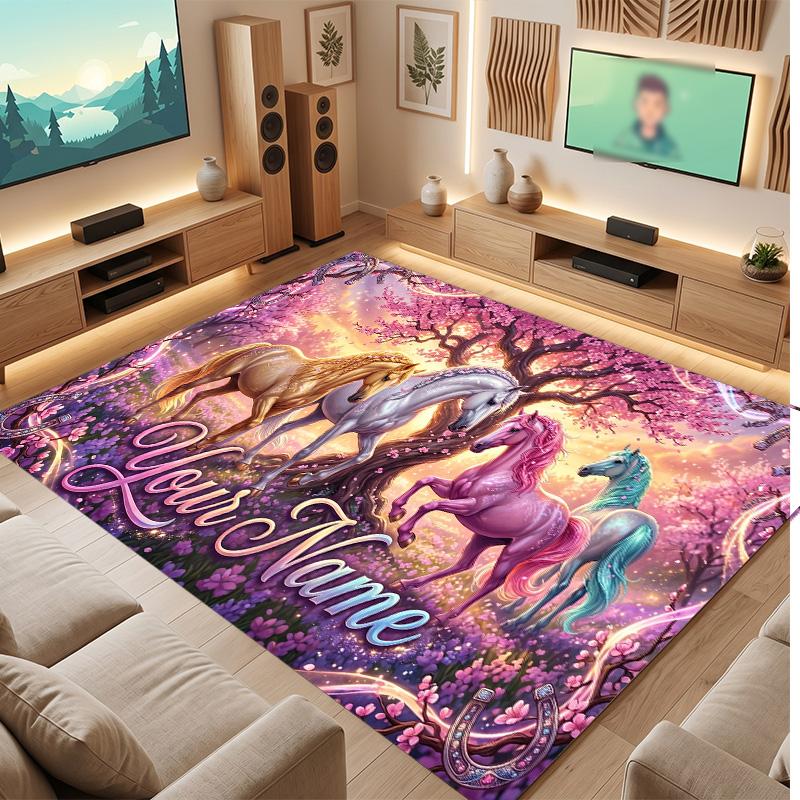 Horse Theme Soft Crystal Velvet Rug Custom Name & Text Print Non Slip Floor Rug for Bedroom Living Room