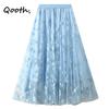 Qooth Женская элегантная тюлевая юбка-пачка с цветочным принтом, новая офисная женская сетчатая плиссированная юбка на весну и лето QT2326
