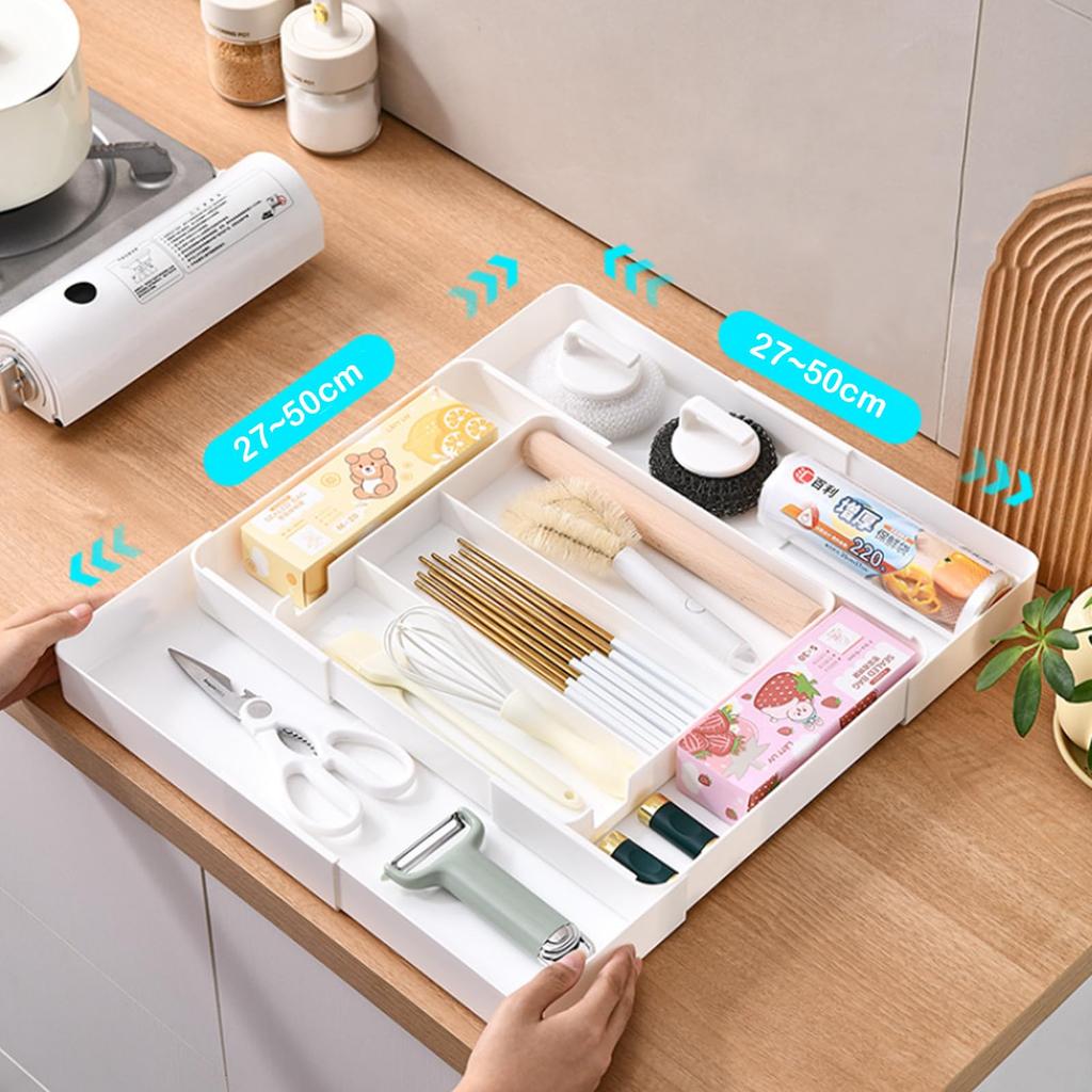 PakOne Cutlery Expandable Adjustable Cutlery Dish Kitchen Easy To Small Item Cosmetics Stationery X X Storage Box Expandable X X Case, 4-Sided Drawer,