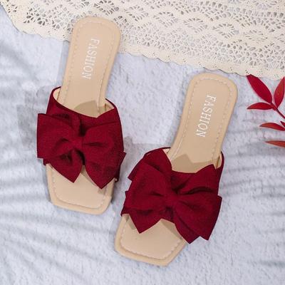 ПУ Низкий каблук Плоские с Современными Шлепанцами Летние Туфли Женские с Бантом-бабочкой на Распродаже 2025 Новые Однотонные Повседневные Женские Шлепанцы