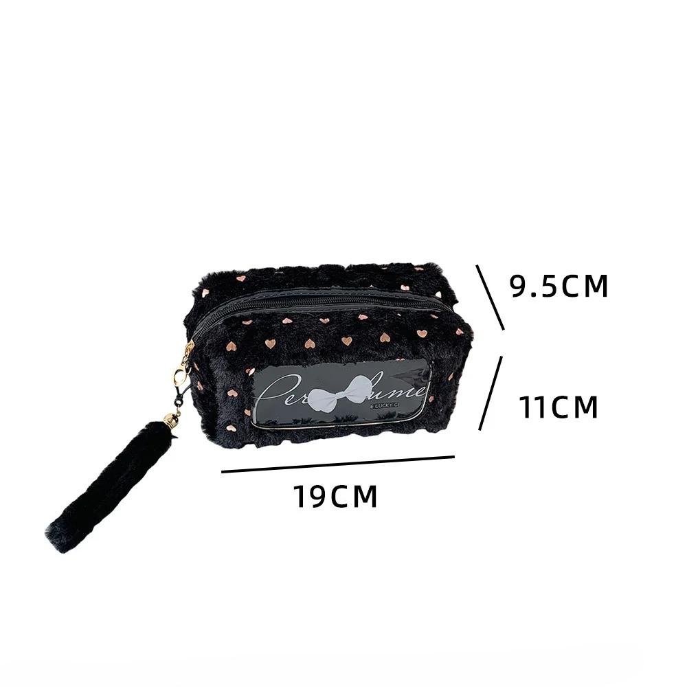 Плюшевая косметичка конфетного цвета, прозрачная косметичка, пенал с бантиком для девочки, канцелярский пенал, органайзер для макияжа студента, сумка для мытья