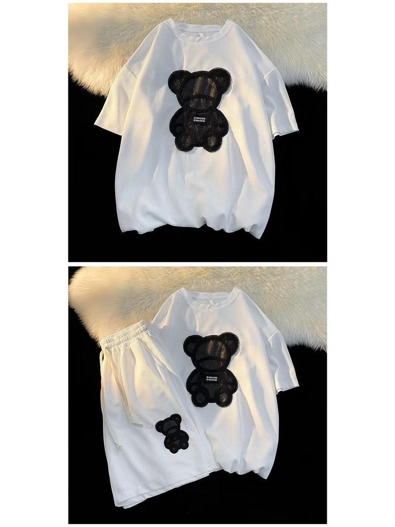 Мужской летний комплект из шорт с короткими рукавами и принтом медведя