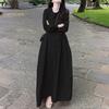Women Round Neck Solid Color Long Sleeve Loose Casual Pleated Long Dress