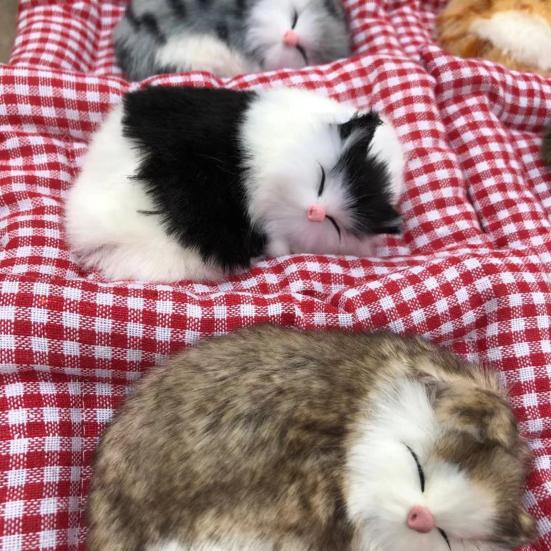 Simulation Sleeping Cat Decoration with Plaid Mat Odor Removal Bamboo Charcoal Plush Kitten Stuffed Animal Doll Home Office Desktop Car Interior