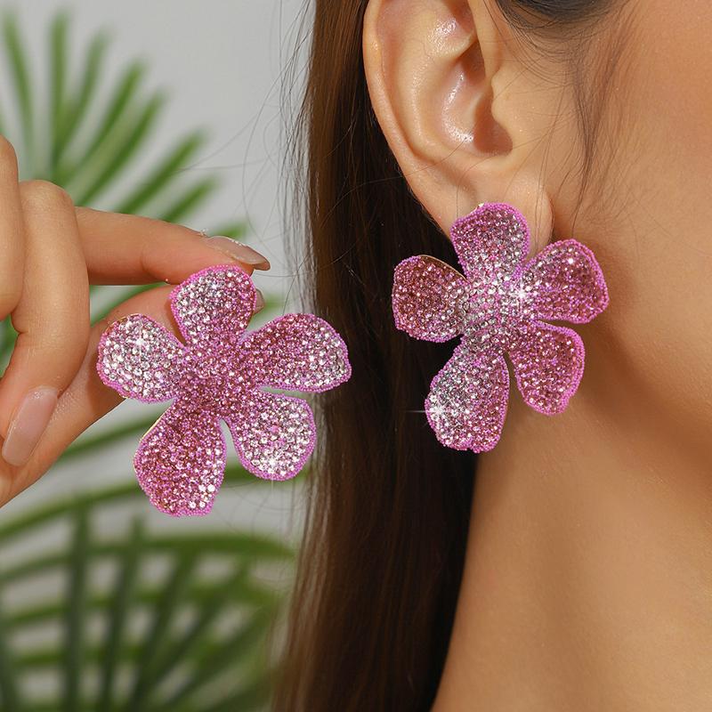 Shiny Rhinestone Flower Stud Earrings for Women Exaggerated Colorful Five Petal Flower Stud Earrings Fashion Wedding Jewelry