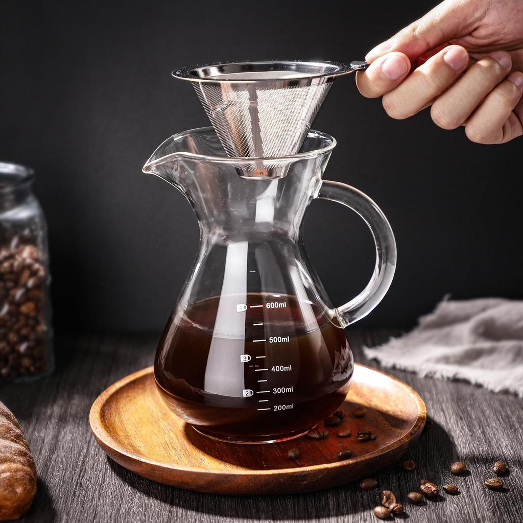600ml Drip Coffee Server with Filter, Microwave-Safe, No Paper Coffee Filters Required, Includes Cup, Brush, and Graduations