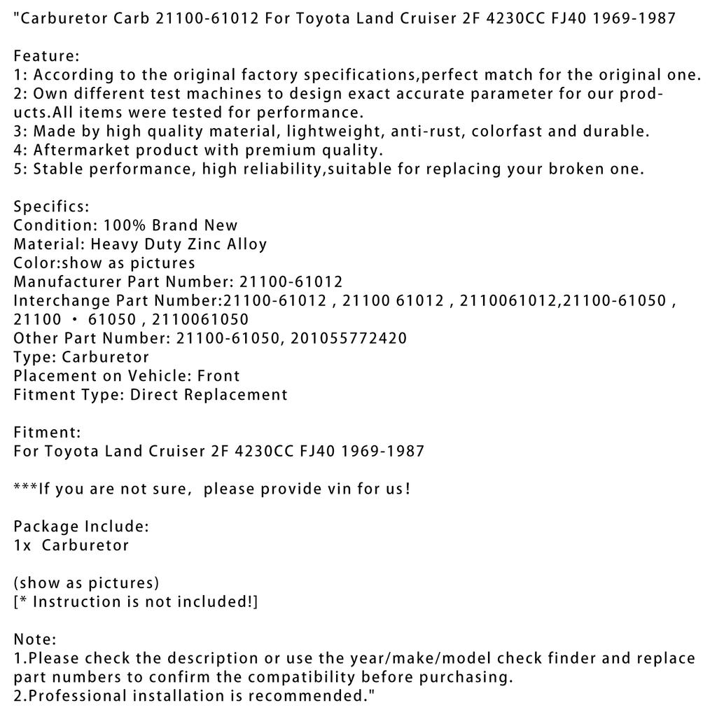 Карбюратор 21100-61012 для Toyota Land Cruiser 2F 4230CC FJ40 1969-1987
