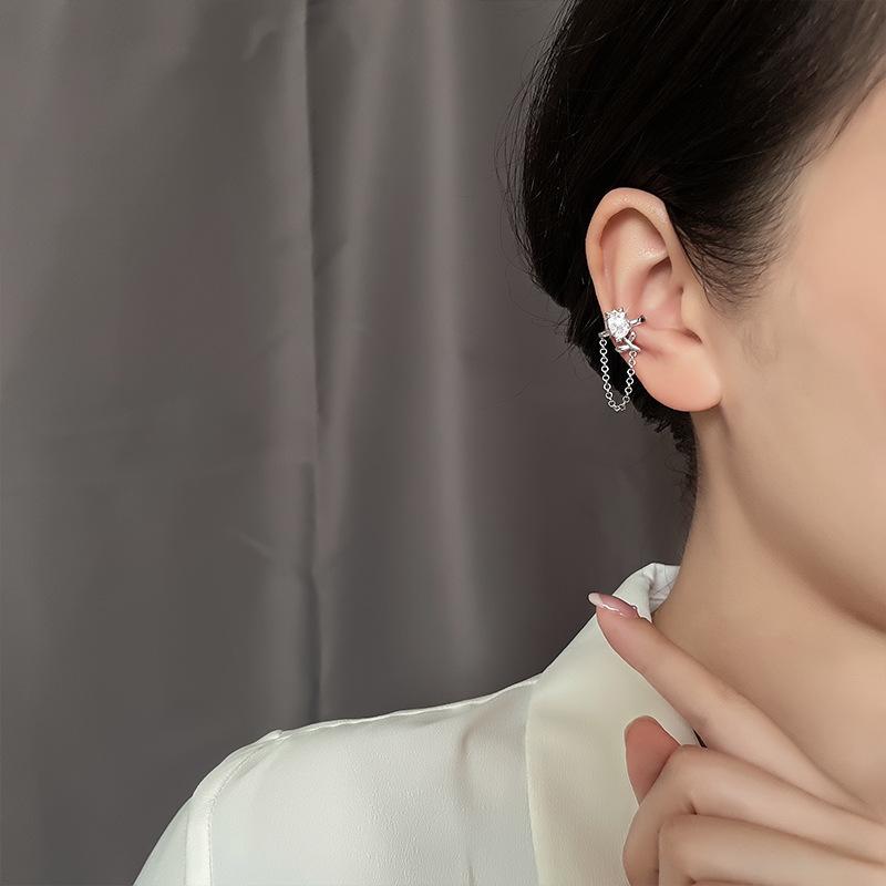 Sweet Rose Flower Ear Clip Chain Design Zircon Lily Of The Valley Ear Bone Clip Without Ear Piercings