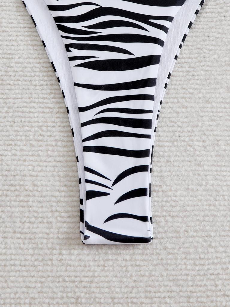 Zebra Print Lace-Up Halter Neck Bikini Swimsuit 2025