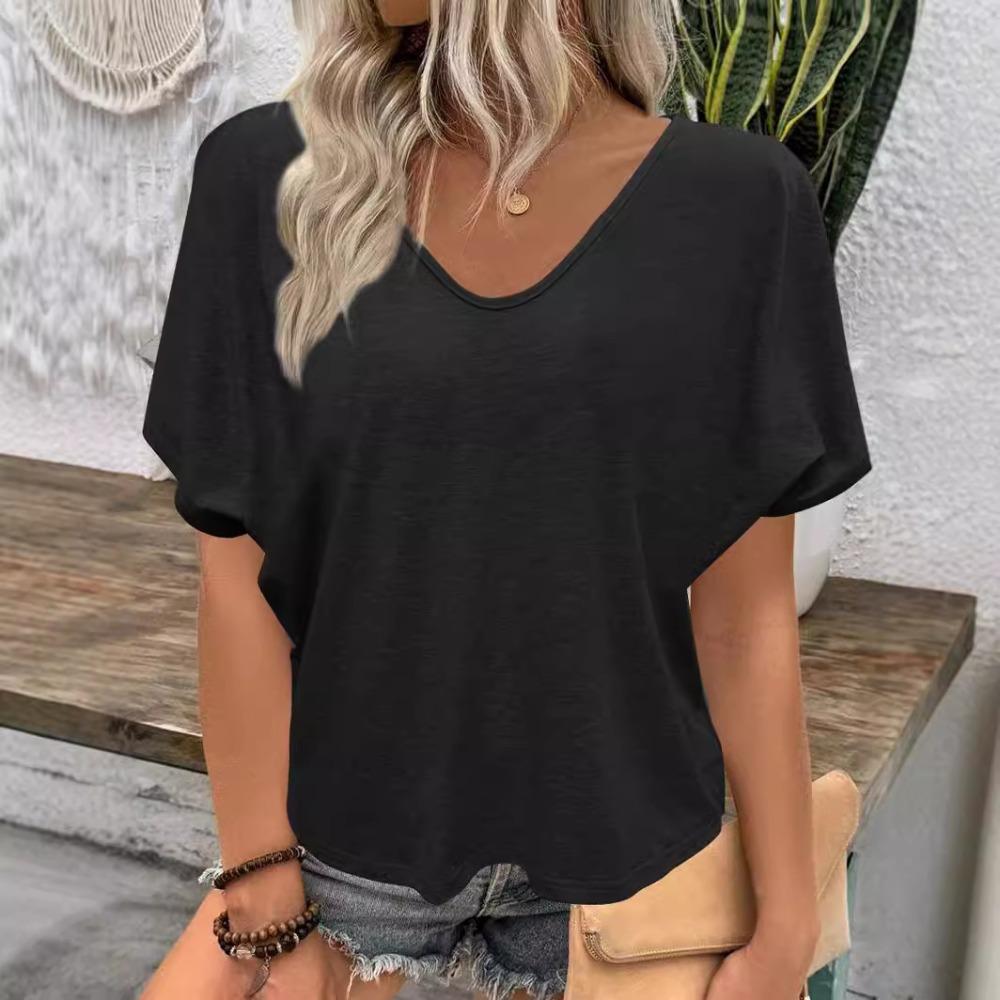 Женская однотонная футболка с v-образным вырезом, повседневная свободная футболка размера плюс с коротким рукавом
