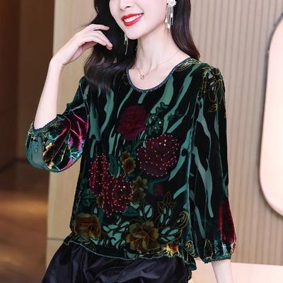 Летняя женская блузка из бархата с принтом и круглым вырезом, расширенного кроя, с рукавом до локтя, пуловер, большого размера