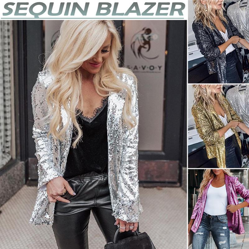 Womens Sequin Blazer Suit Glitter Open Front Thin Jacket Ladies Party Outwear