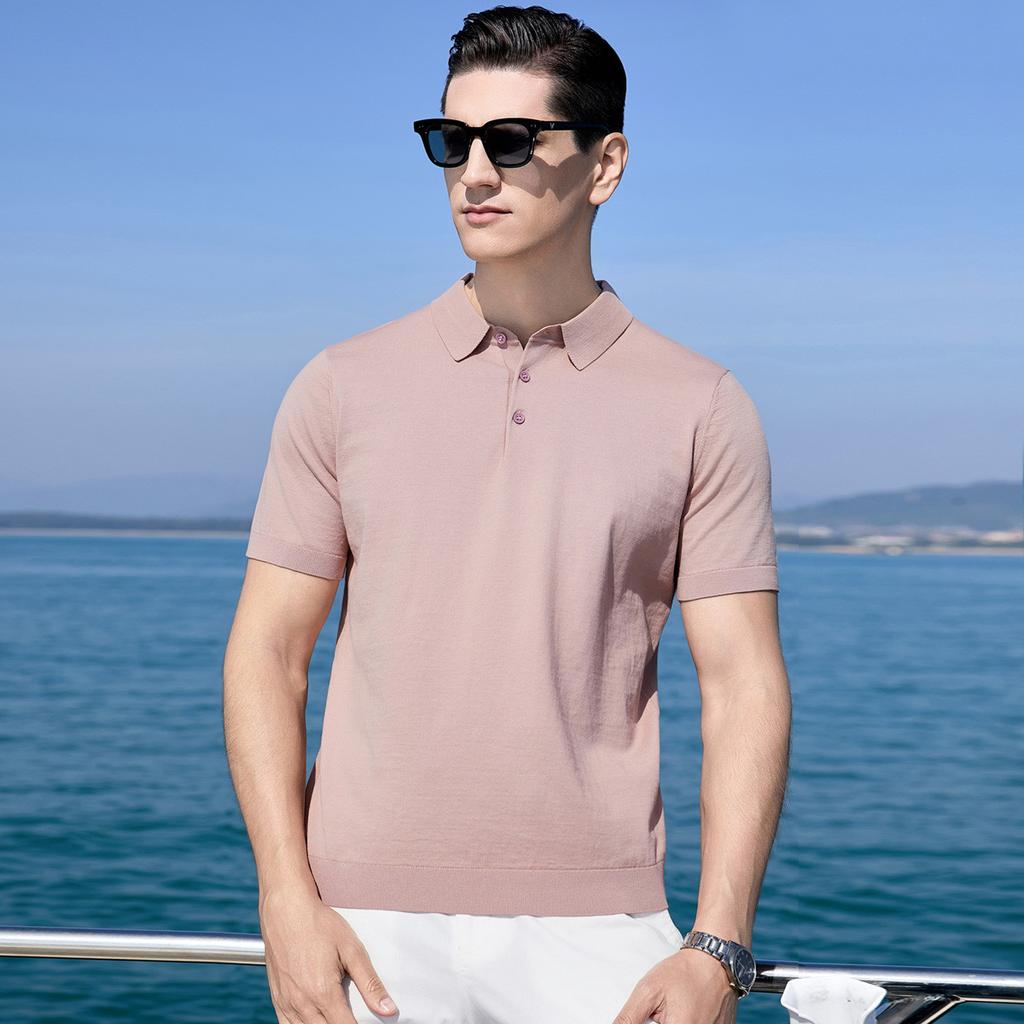 Mulberry Silk & Linen & Cotton Natural Fiber Knitted Short Sleeve Polo Shirt