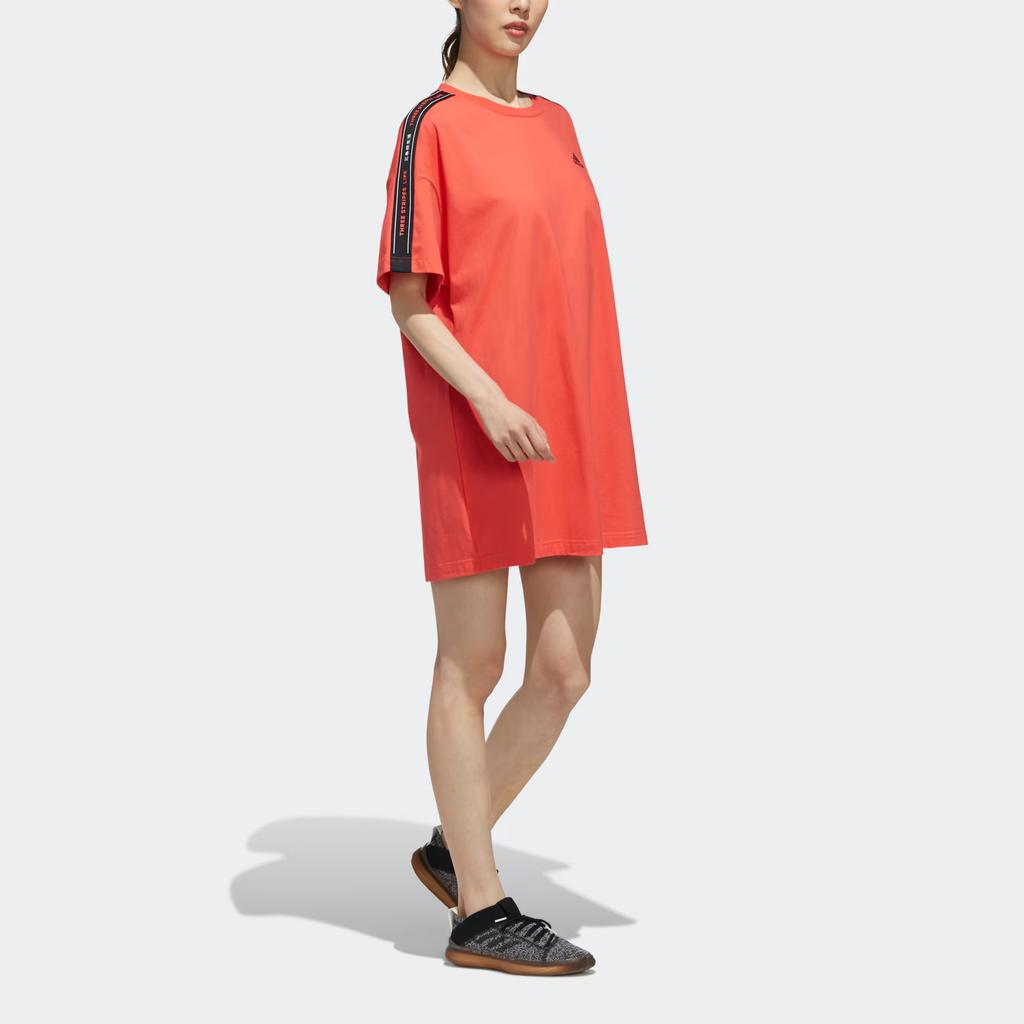 Adidas SS Dress Tape Simple Round Neck Letter Brand Logo Short Sleeve Dress Women Dresses Coral-Pink Black FJ6883