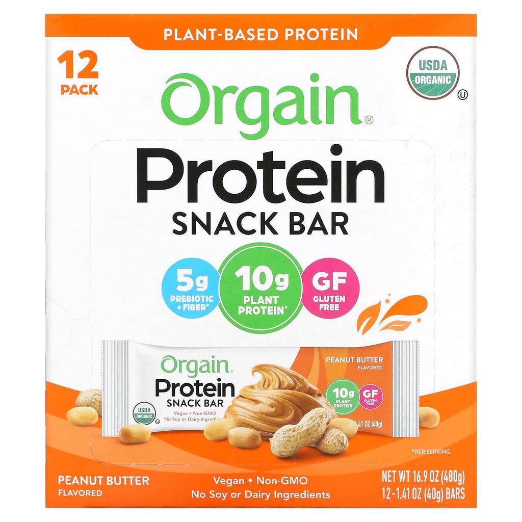 Orgain Organic Plant-Based Protein Bars, Peanut Butter, 12 Bars, 1.41 Oz (40 G) Each