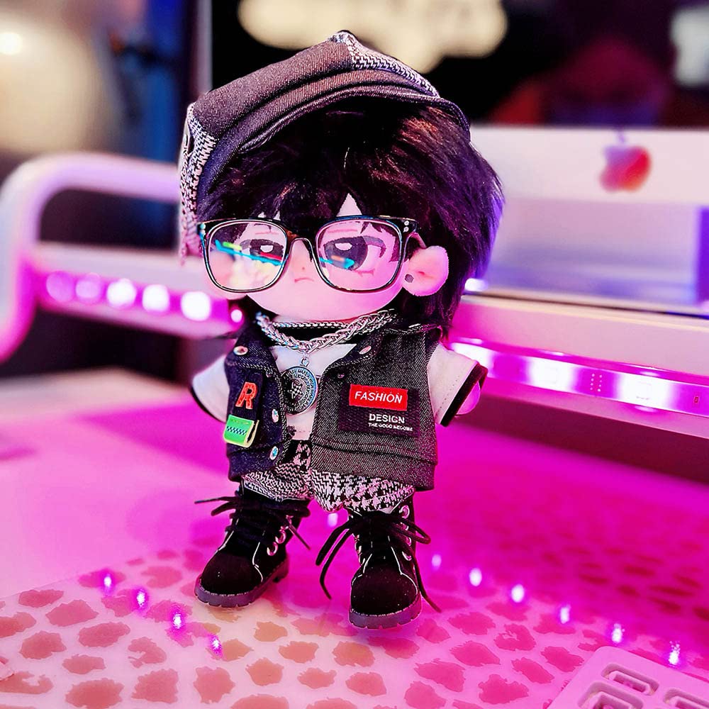 Niannyyhouse 20 см Набор плюшевой одежды: Шляпа, Жилет, Футболка, Шорты, Очки, Ожерелье, Обувь, Свободная хлопковая одежда для кук (Черный, 20см)