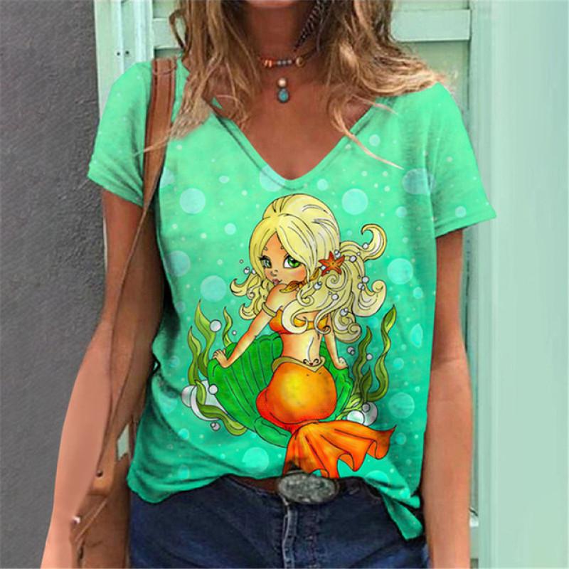 Lightweight Mermaid Digital 3D Print T Shirts Women Versatile Pullover Short Sleeve Summer Casual V-Neck Female Harajuka Tops
