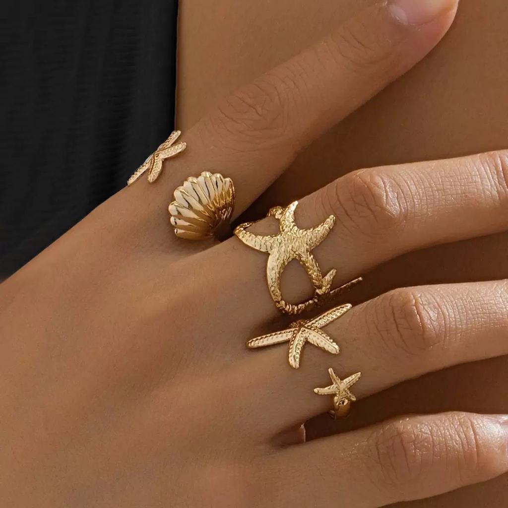 Fashion Personality Ocean Wind Vacation Wind Shell Starfish Ring Open Ring Set Female