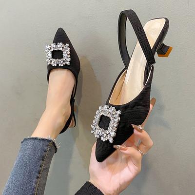 Босоножки Баотоу женские новые летние нежные со стразами с острым носком и ремешком на пятке на толстом каблуке туфли-лодочки