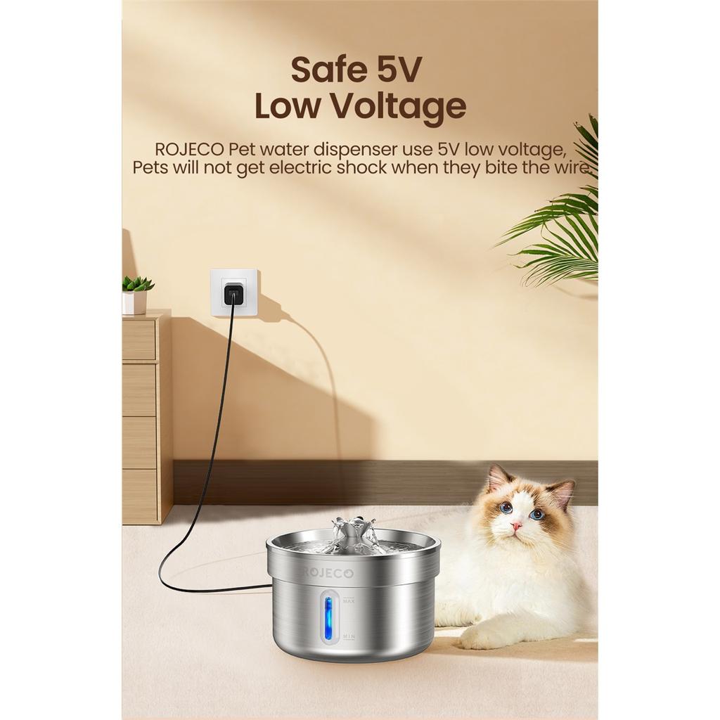 ROJECO Stainless Steel Pet Drinking Fountain Auto Cat Water Fountain Smart Pet Water Dispenser with Pump for Dog Cat Drink Bowl