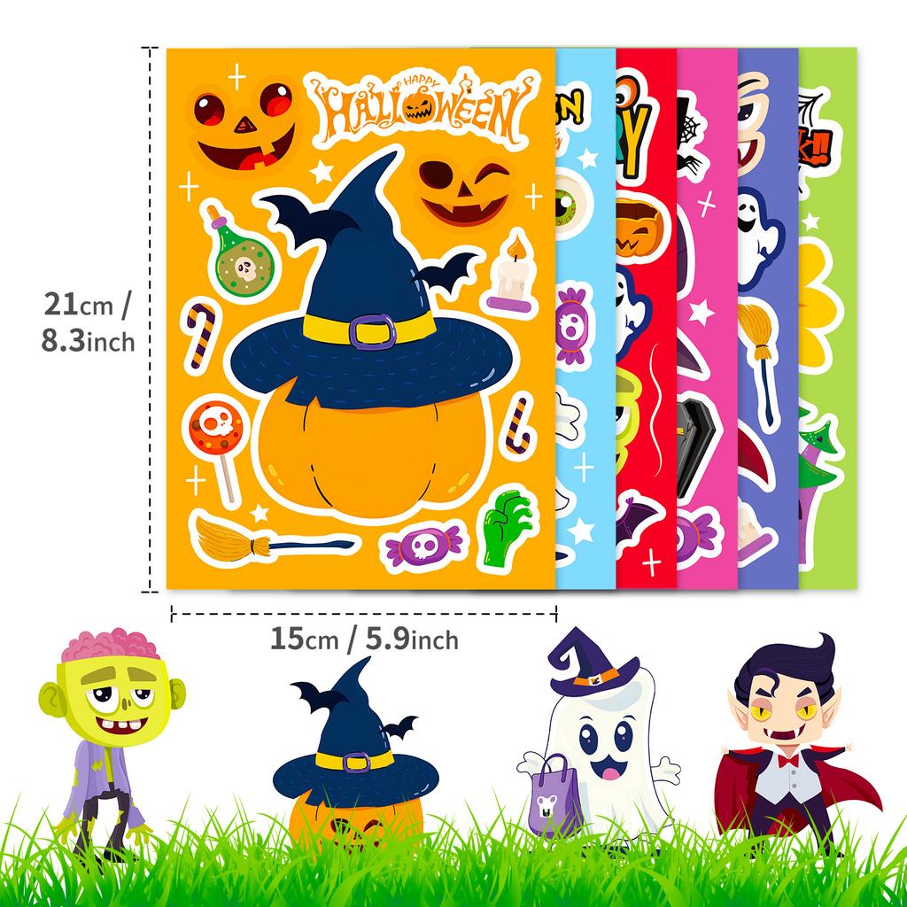 6Sheets Halloween DIY Puzzle Sticker Games 6 Cute Ghost Vampire Make A Face Funny Assemble Jigsaw Stickers Kids Educational Toys