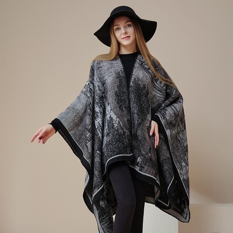 Women's Fashion Pashmina Autumn and Winter Cloak Thicken Warm Shawl Knitted Wraps Split Cape