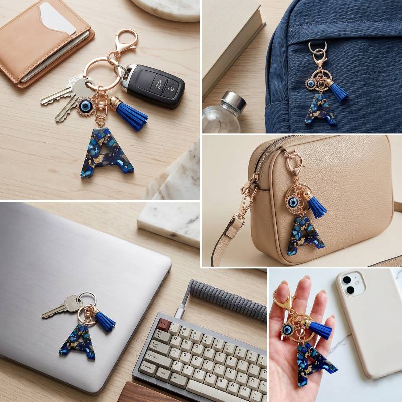 Blue Resin Initial Keychain - Evil Eye Letter Charm with Rhinestones & Tassel, Stylish Gift for Women, Lobster Clasp Accessory