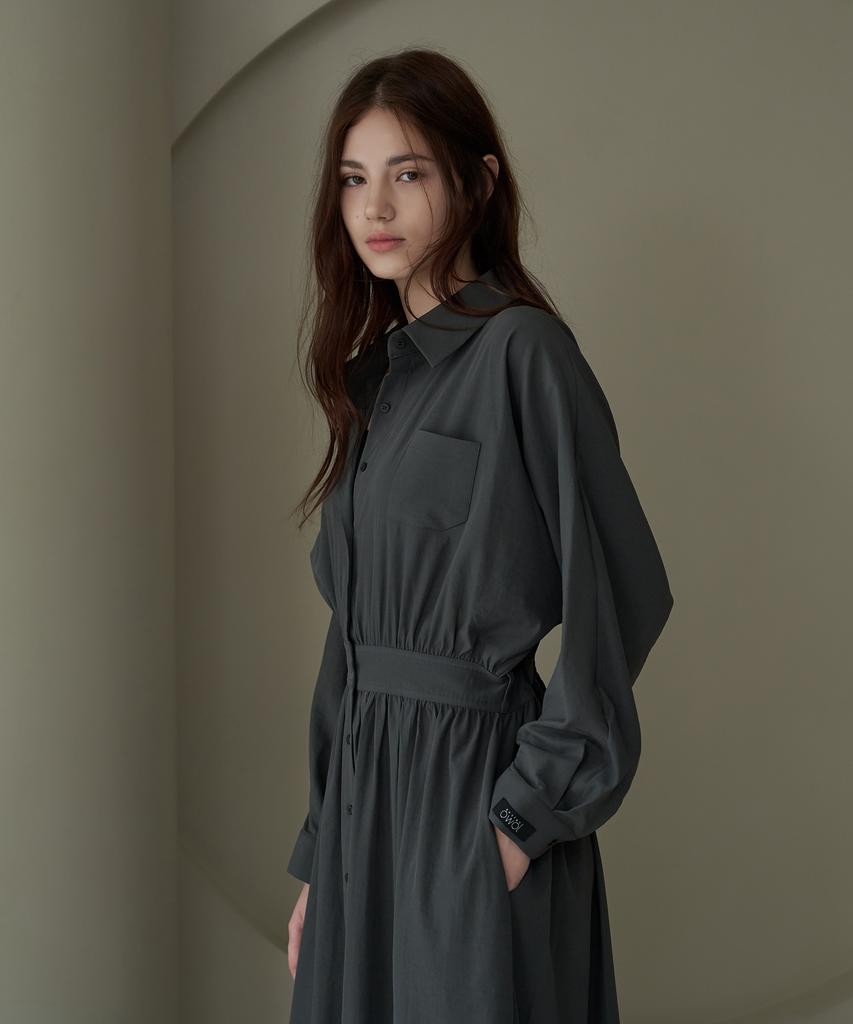 Dijainowol Collared Shirred Long Maxi Dress_Charcoal