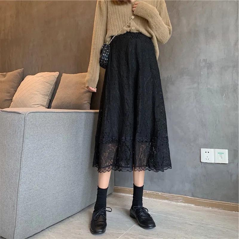 Female Lady Korean Style Black White Blue Lace Midi Skirt Women Spring Autumn Cute Elegant Office A-line Skirt