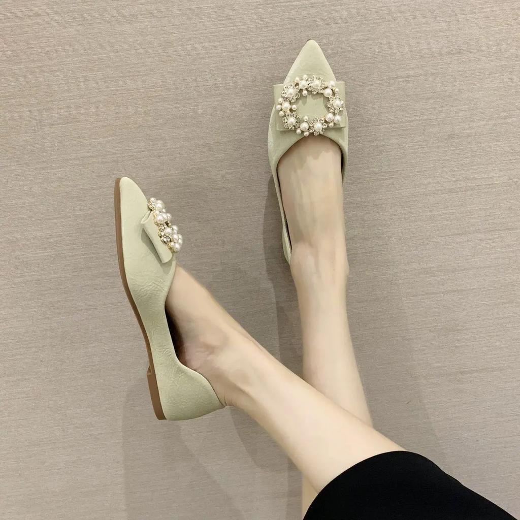 Shoes for Women Pearl Non Slip Pointed Toe Woman Flats On Offer Young Spring Luxury Brand Genuine Mark Wholesale Chic Point