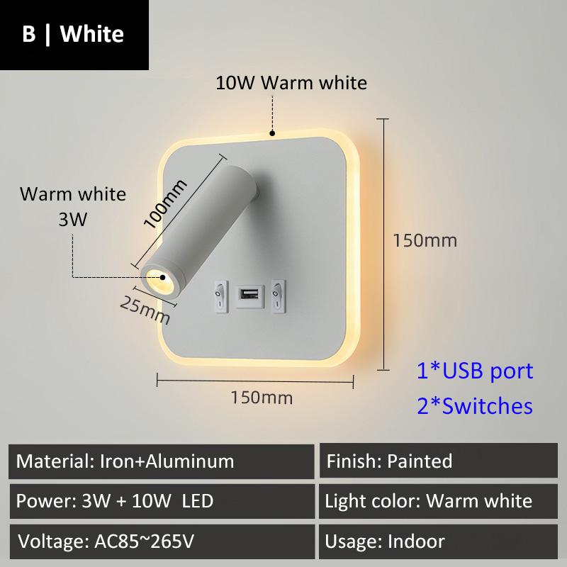 Creative Base Switches Small Wall Lamp With USB Type-C Charging Port Living Room Bedroom Bedside Rotatable Reading Light 10W+3W