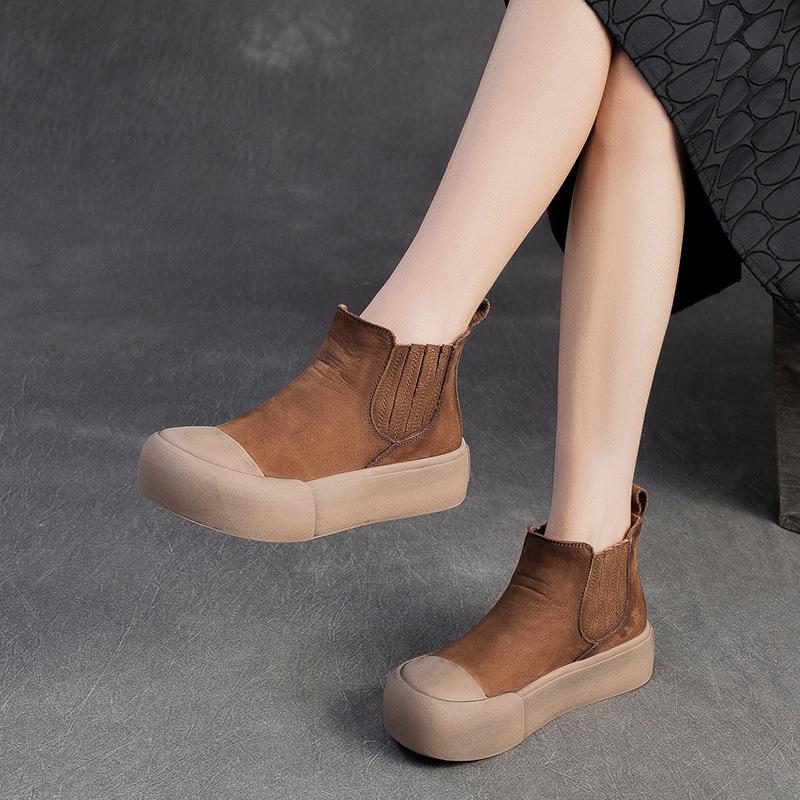6cm Cow Suede Genuine Leather Women Ankle Booties Shoes Chelsea Elthnic Rubber Platform Wedge Spring Loafer Autumn Flats Comfy