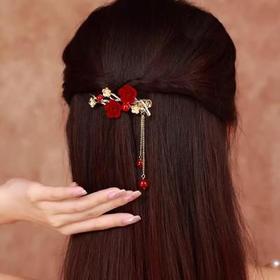 Осенняя роскошная заколка для волос с кисточкой из красных цветков сливы для Национального дня, помолвки, свадьбы, вечерних платьев и головной убор