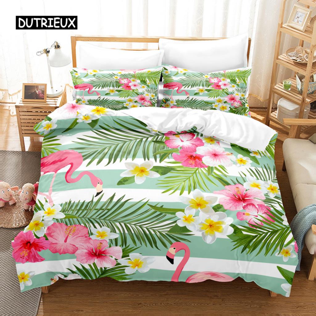 Комплект постельного белья с изображением фламинго, тропическое животное, комплект постельного белья с изображением листьев пальмы, полиэстер, тема природы, королевское одеяло, покрывало