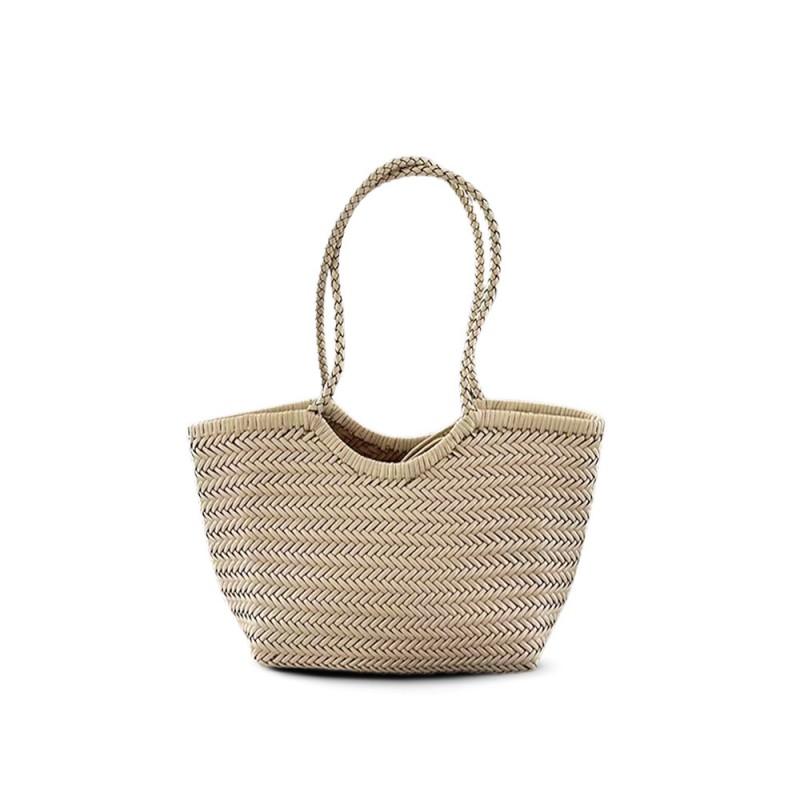 Medium Woven Leather Tote Bag Women French Style Rattan-Inspired Shoulder Casual Travel Handbag