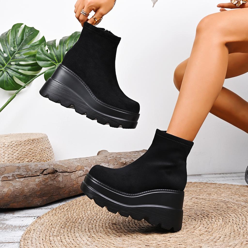 Comemore Suede Wedge Heel Ankle Boots Autumn Square Toe Chunky Platform Super High Heels Side Zip Boots Solid Black Short Botas