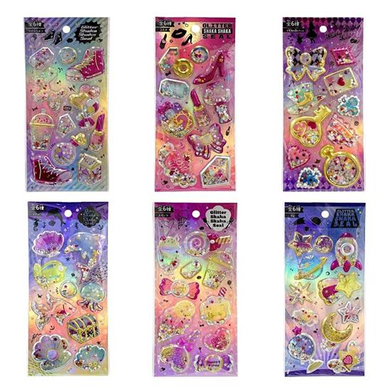 Hiroichi Glitter Shaker Stickers Set of 6 - Cute for Planners, Notebooks, Albums, Calendars, Suitcases, Helmets, Scheduling