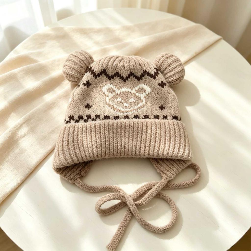 New retro jacquard bear ear ear protection hat adult autumn and winter lace-up windproof knitted wool hat