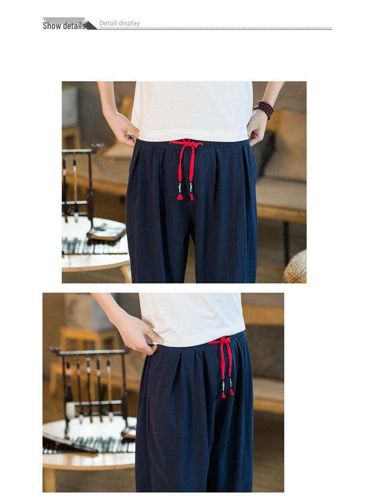 2024 Men's Summer Loose Nine-Point Cotton Linen Pants - Japanese Style, Large Size, Solid Color