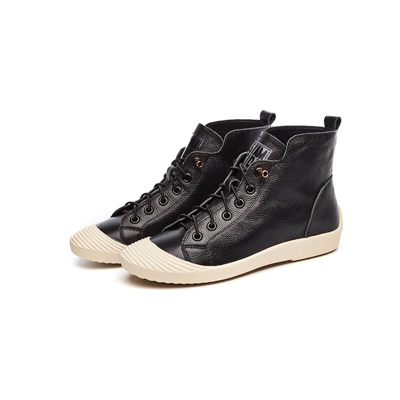 Red High-top Short Boots Women's Leather Autumn and Winter New Single-sided Flat-bottomed Shell-head Single Shoes Casual Four-season White Shoes Tide