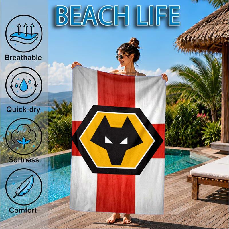 Wolves Team Emblem Printed Microfiber Beach Towel, Soft And Absorbent, Quick-Dry, Ideal for Summer Travel, Beach Essential, Swimming Pool