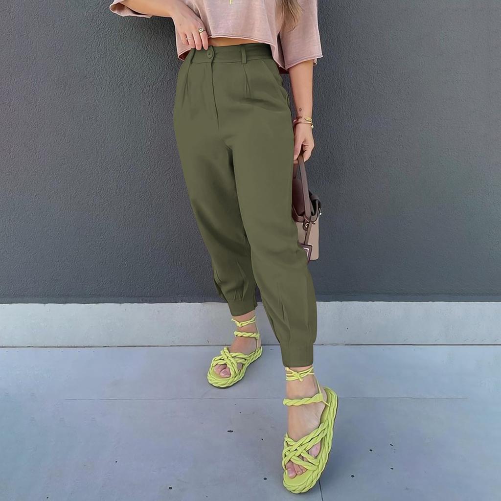 Women's Summer High Waisted Pants Casual Length Work Trouser Slacks With Pockets