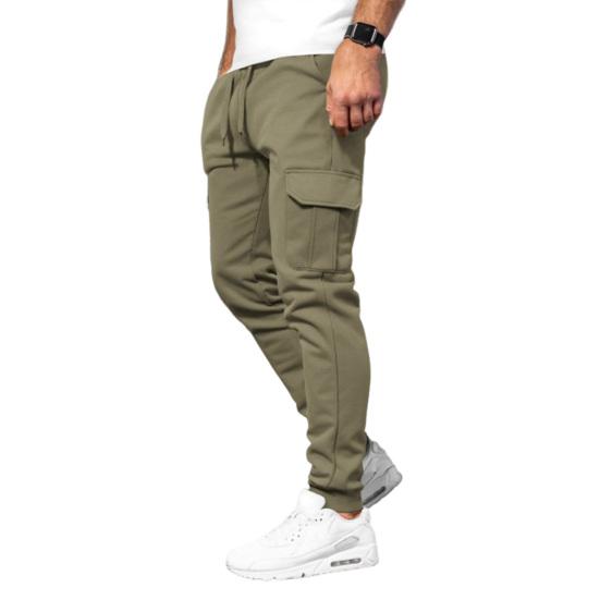Men Winter Sweatpants Drawstring Waist Fleece-Lined Jogger Pants with Multiple Pockets Solid Color Thick Cargo Pants for Work Street Wear