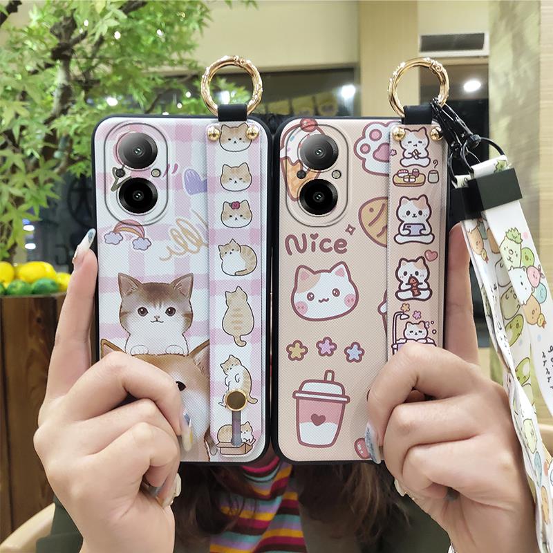 Kickstand Phone Holder Phone Case For Realme C67 4G Cartoon Durable Wrist Strap Waterproof Protective Fashion Design