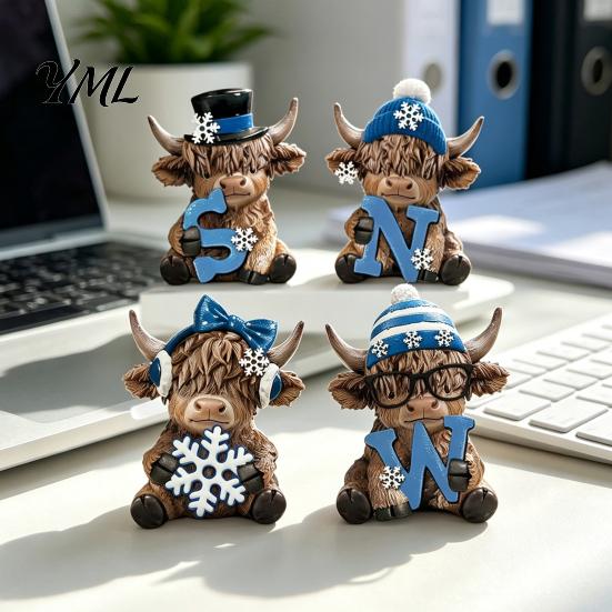 Christmas Tree Ornament 4Pcs Highland Cow Figurine, Winter Blue Yak Statues with Snowflakes Xmas Small Bookshelf Figurine Hats, Farmhouse Tabletop