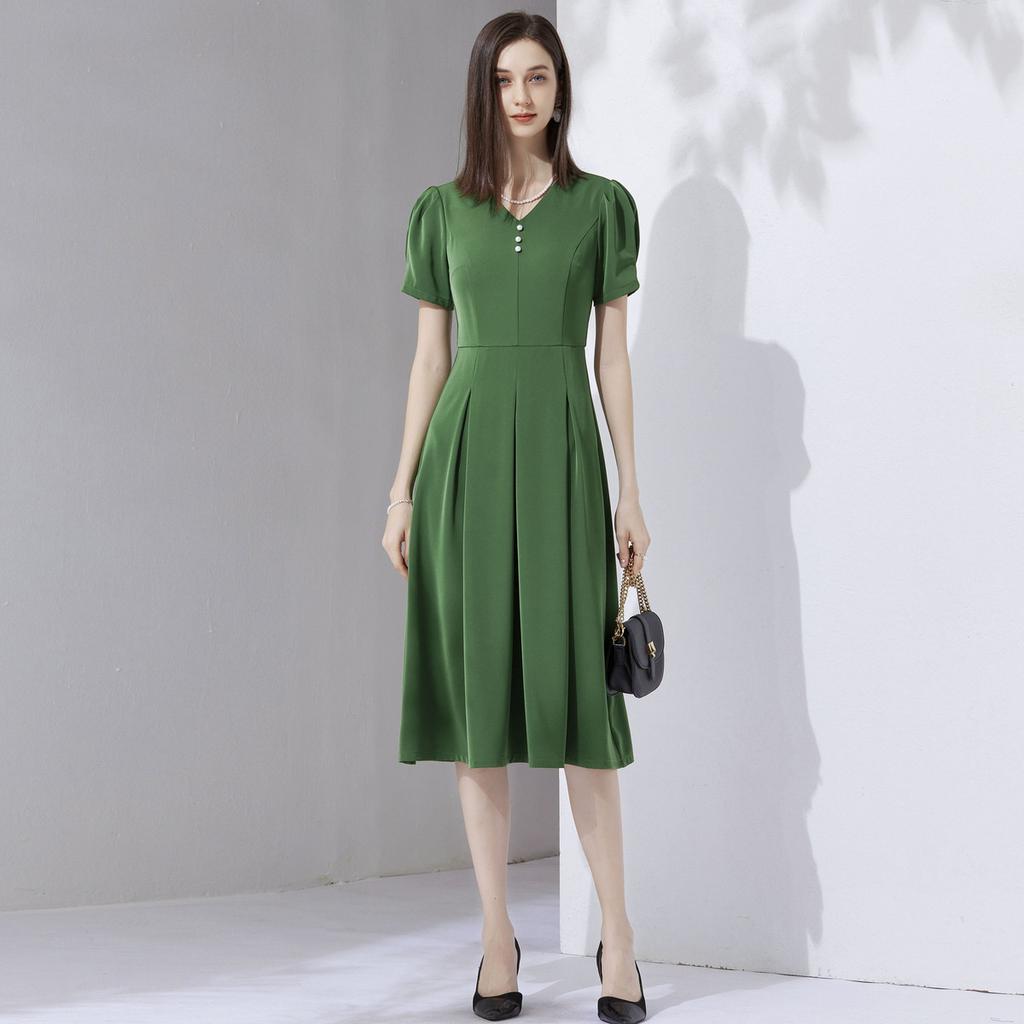 Simple and fashionable bubble sleeve V-neck dress for women summer style OL temperament slim fit mid length skirt